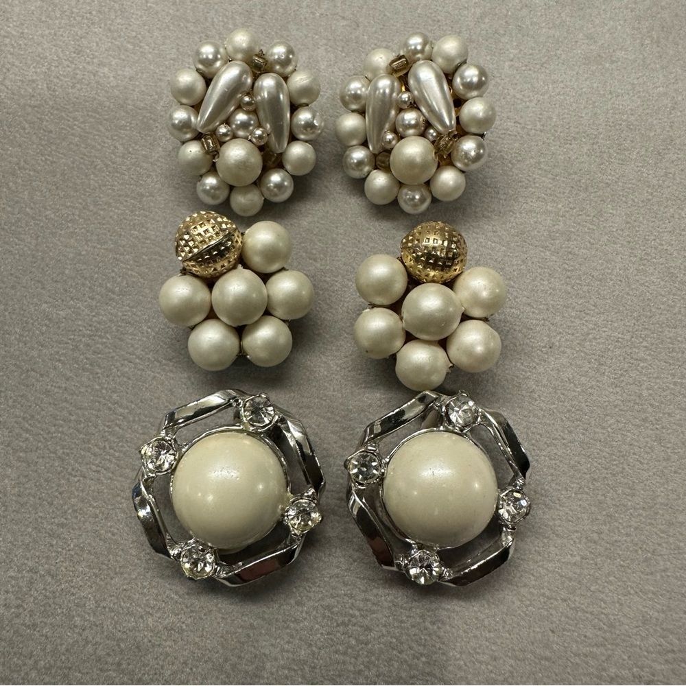 Vintage Faux Pearl Cluster Clip On Earrings 3 Pair Lot Coquette Retro Regency